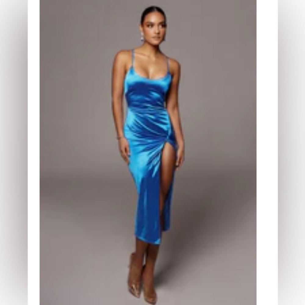 BLUE ALDIS SATIN SLIT DRESS. Size Medium